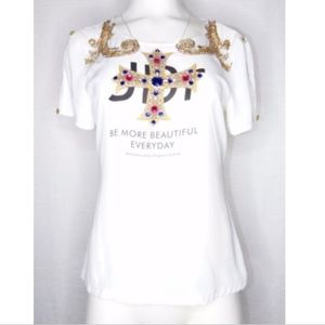 Jean Darrot Blouse Short Sleeve White Top Small Cross with faux gems